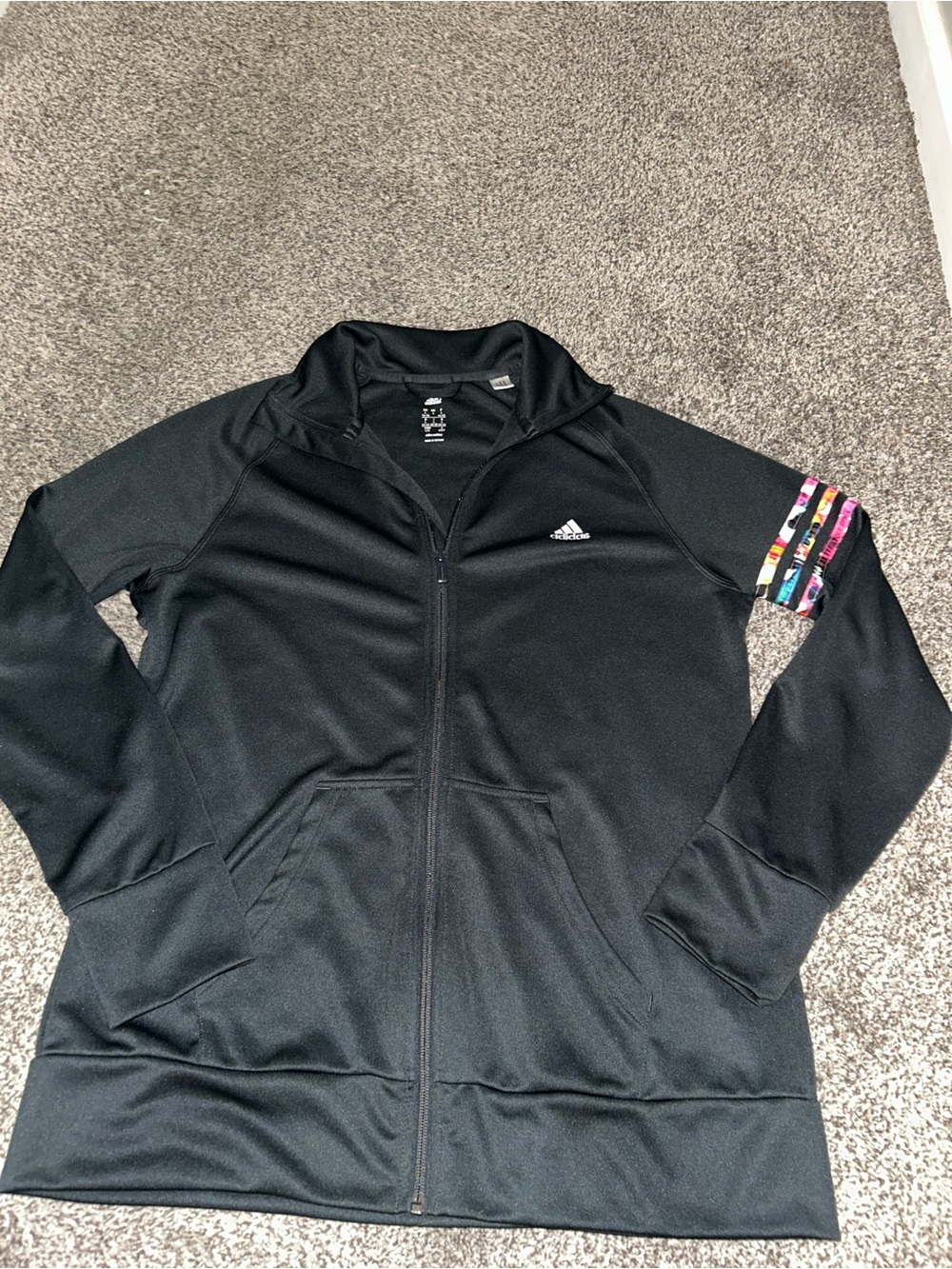 adidas Black Full-Zip Bomber Jacket with Multicolor Sleeve Stripes